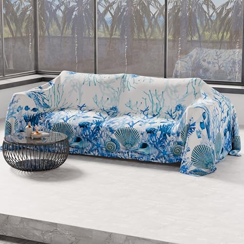 PETTI Artigiani Italiani - Microfibre Sofa Cover 400 x 270 cm, Coral Blue Pattern - Multipurpose for Sofas, Bedspreads and Table Covers - Washable Protective Cover