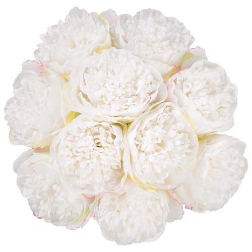 U'Artlines 2 Bouquet 10 Heads Artificial Peony Silk Flower Leaf Home Office Wedding Party Festival Bar Decor (Cream White)