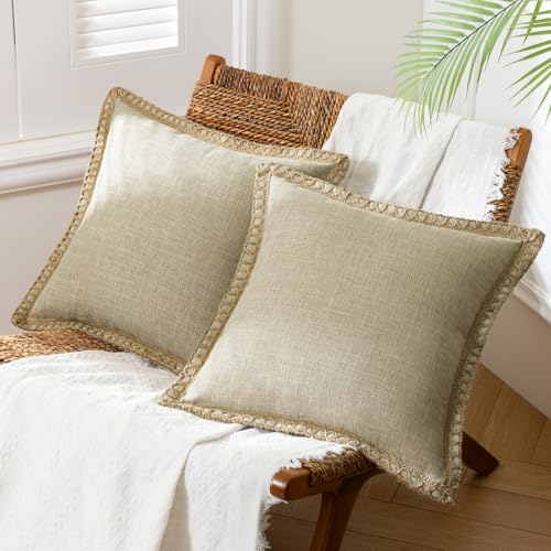 Phantoscope Pack of 2 Farmhouse Decorative Throw Pillow Covers Burlap Linen Trimmed Tailored Edges, Oatmeal 20 x 20 inches, 50 x 50 cm