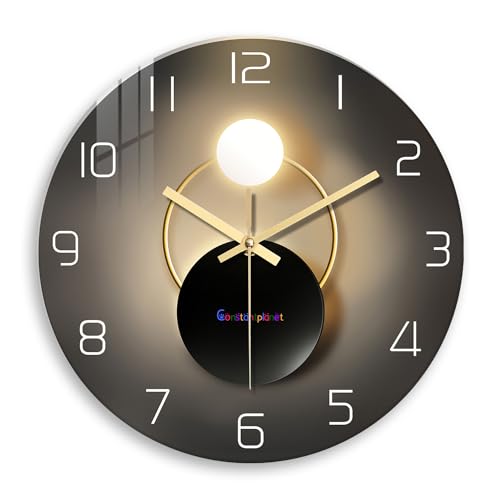 Constantplanet 14 Inch Black and Gold Wall Clock for Living Room Decor Silent Wall Clock Non Ticking Glass Wall Clocks Battery Operated