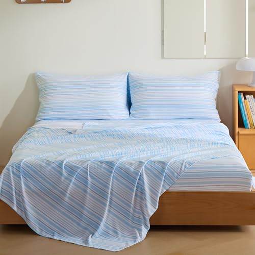 "MCO 4Pieces Striped Sheets Set, Breathable Full Sheet Set with 16"" Deep Pocket,Modern & Luxury, Brushed Microfiber Bedding Set(Full, Blue)"