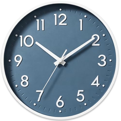 Mosewa 10 Inch Wall Clock Battery Operated Silent Non Ticking Analog - Azure Blue Modern Clock Oversized 3D Easy-Read Dial For Classroom, Bedroom & Office 1 AA Battery (Not Included)