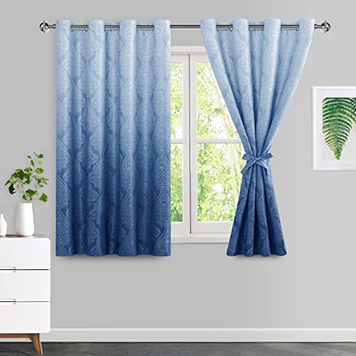 JIUZHEN Ombre Blackout Curtains with Tiebacks???Damask Patterned Thermal Insulated Grommet Curtains for Bedroom Living Room, 52 x 54 Inches, Set of 2 Panels, Navy Blue