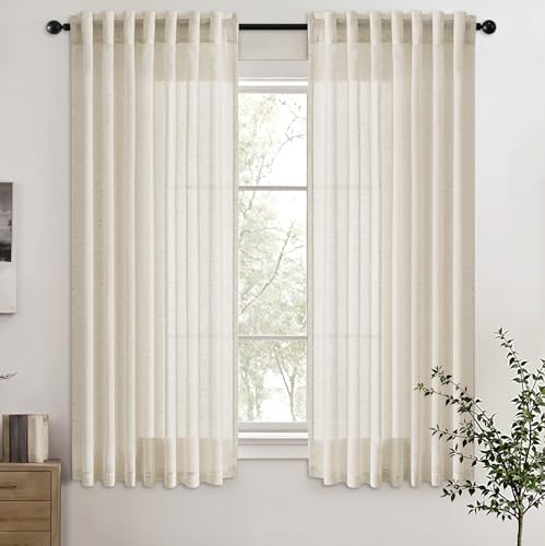 ANRODUO Ivory Cream Linen Curtains 63 inch Length 2 Panel Set for Living Room Back Tab Light Filtering Semi Sheer Curtains 63 inches Long Soft Linen Cotton Textured Rustic Farmhouse Drapes