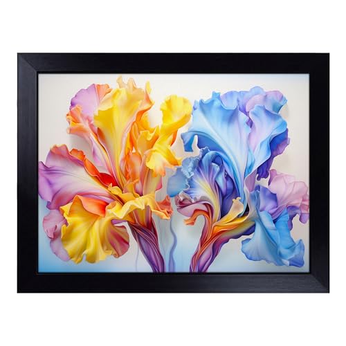 Lap Tray with Bean Bag Cushion, Iris Flower Watercolour - Handmade in the UK, Raised Wooden Edge, Padded Cushion, Heat-Resistant Wipe-Clean Surface, for Meals, Laptops and Crafts