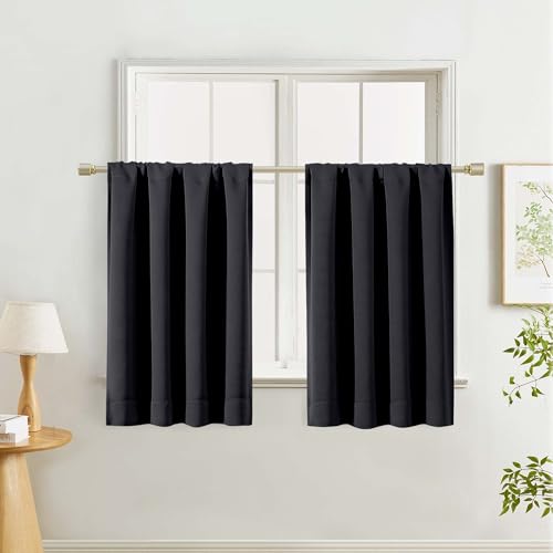 "Lecloud Halloween Black Short Curtains 36 Inch Length 2 Panels, Blackout Privacy Window Kitchen Curtains, Thermal Insulated Rod Pocket Black Out Curtain Tiers for Kitchen Bedroom, 40"" W x 36"" L"