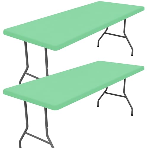 "Moosfor Spandex 4 Foot Rectangle Table Cloth 2 Pack, Elastic Fitted Tablecloths for Picnic, Stretch Washable Patio Table Cover for Outdoor, Camping, Banquet and Parties (Bright Green, 24""x48"")"
