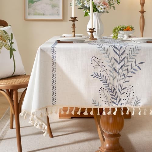 Laolitou Table Cloth Rectangle, Embroidery Heavy Duty Cotton Linen Tablecloth, Farmhouse Rustic Waterproof Wrinkle Free Tablecloths with Tassels, Blue Fern, 55??90 Inch