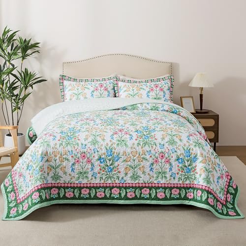 HoneiLife Floral Quilt Queen Size - Microfiber Quilt Sets 3-Piece, Spring Bedspreads Wildflower Coverlets Lightweight Bed Cover, King Quilt Bedding Sets Summer Quilts