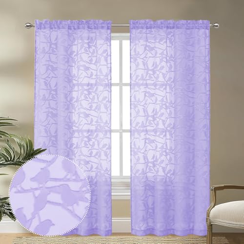 OVZME Lavender Sheer Curtains 72 Inches Long 2 Panels Set, Voile Soft Airy Bird Leaf Jacquard Textured Elegant Sheer Curtains for Living Room Bedroom Door Window, Dual Rod Pocket Drapes, 2x38Wx72L