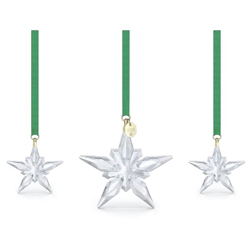 Swarovski Annual Edition Ornament Set 2025, 3 Clear Faceted Crystal Stars with Champagne Gold-Tone Metal Accents & Green Grosgrain Ribbons, Part of the Swarovski Annual Edition Collection