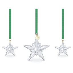 Swarovski Annual Edition Ornament Set 2025, 3 Clear Faceted Crystal Stars with Champagne Gold-Tone Metal Accents & Green Grosgrain Ribbons, Part of the Swarovski Annual Edition Collection
