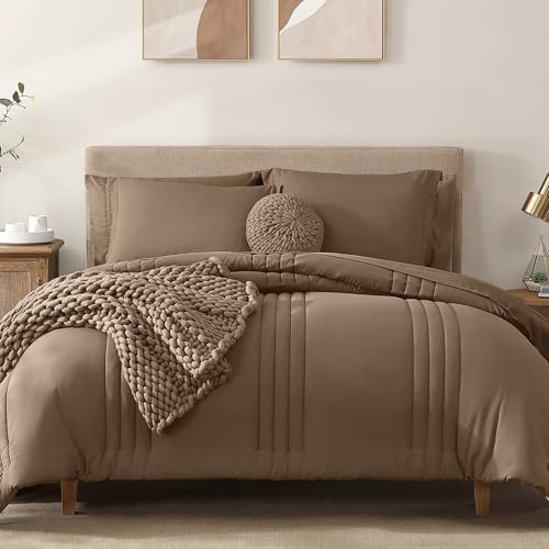 California King Size Comforter Set-7 Pieces Bed in a Bag King Bedding Sets - Monbix All-Season Vertical Quilted Comforter with Sheets, Pillow Shams & Pillowcases, Brown