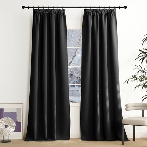 NICETOWN Black Opaque Curtains with Ruffle Tape Thermal Curtain Heat Protection Set of 2 Thermal Curtains Blackout Living Room 240 x 140 cm (H x W)