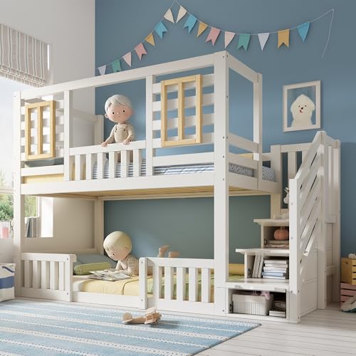 Ball & Cast Twin Bunk Bed with Storage Stairs 90x190cm, Solid Wood Frame, Children’s House Bed Frame with Guard Rail, Treehouse Bed for Twin Sleeper Kids Bedroom,White-No Mattress