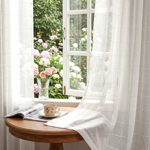 "Conkov White Sheer Curtains 90 Inches Long Faux Linen Curtains with Stripe Pattern Light Filtering Privacy Rod Pocket Aesthetic Drapes for Living Room Bedroom Sliding Door, 52"" W X 90"" L,Pack-2"