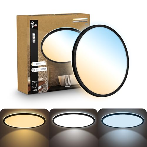 B.K.Licht - LED Panel with Remote Control, Slim, Dimmable, Adjustable CCT from Warm to Daylight White, IP44, Ceiling Lights, Bathroom Light, Bathroom Lights Ceiling, Living Room, 42x3 cm, Black