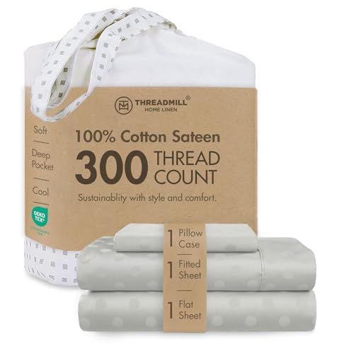 Threadmill Cotton Twin XL Sheet Set - 100% Cotton Sheets for Twin XL Size Bed - Damask Jacquard Sateen Twin XL Bed Sheets Set with 16??? Deep Pocket - Soft Breathable 3 pc Cooling Sheet Set - Light Grey