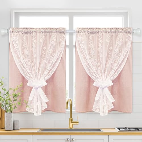 ASPMIZ Linen Pink Kitchen Tier Curtains 36 Inch Length, Double Layered Kitchen Curtain with Linen and Lace, Rod Pocket Window Curtains with Tiebacks, Boho Window Treatments for Bathroom Cafe, 2 Panel