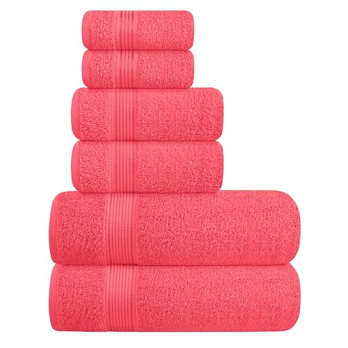 Belizzi Home Ultra Soft 6 Pack Cotton Towel Set, Contains 2 Bath Towels 28x55 inch, 2 Hand Towels 16x24 inch & 2 Wash Coths 12x12 inch, Ideal for Everyday use, Compact & Lightweight - Coral Orange