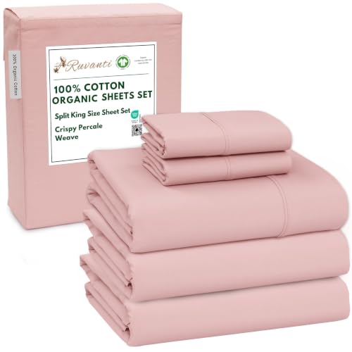 "Ruvanti 100% Organic Cotton Sheets Split King, Percale Weave, GOTS Certified, 5-Piece Set, Deep Pocket 15"", Crisp & Breathable, Soft Durable Bedding, S??banas Algod??n Org??nico ??? Peach Skin"