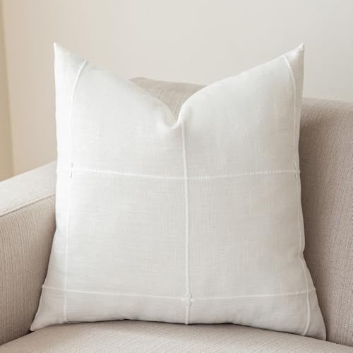 "vctops Rustic Lattice Cotton Linen Decorative Throw Pillow Cover Embroidery Square Cushion Cover Pillowcase for Sofa Bedroom Couch (Plaid White, 20""x20"")"