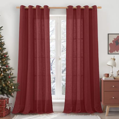 LAMIT 90 inch Red Linen Curtains for Living Room 2 Panels, Light Filtering Christmas Drapes Semi Sheer Bronze Grommet Curtain Panels for Bedroom/Farmhouse, Burgundy Red, 52 x 90 Inch