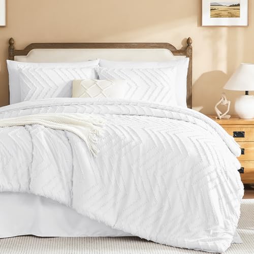 Litanika White Super King Plus Comforter with Sheets, 7 Pieces Boho Bed Set - Oversized Alaskan King Fluffy Lightweight Neutral Soft Warm Chevron Tufted Textured Bed Set