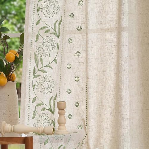Lazzzy Boho Linen Blend Curtains for Living Room Bedroom 63 Inches Length Embroidered Floral Curtains Farmhouse Rod Pocket Drapes Light Filtering Window Treatments Green on Beige 2 Panels Set