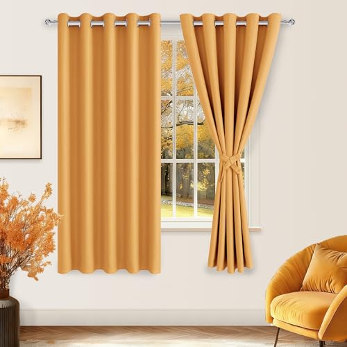 Hiasan Blackout Curtains for Bedroom, 60 x 63 Inches Length - Thermal Insulated & Noise reducing Window Curtains for Living Room, 2 Drape Panels Sewn with Tiebacks, Pumpkin Orange