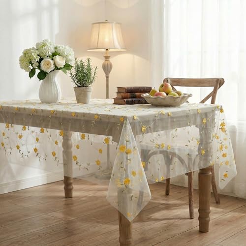 Horaldaily White Floral Square Tablecloth, 60??60 Inch, Yellow Flower - Spring Summer Gauze Tablecloth, Seasonal Tulle Table Cover, Garden Party Decor, Resuable,Washable