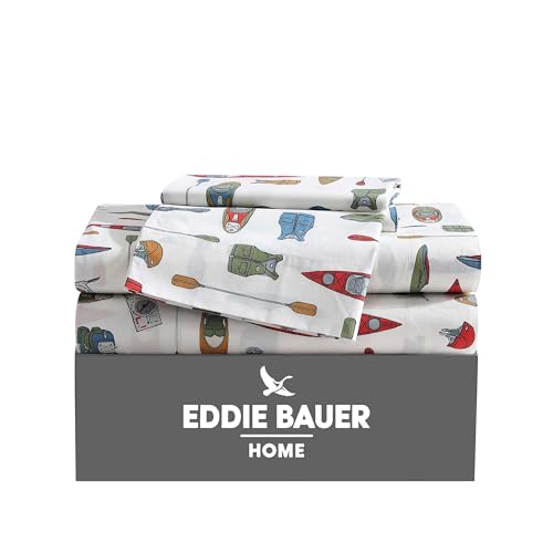 Eddie Bauer - Twin Sheets, Cotton Percale Bedding Set, Crisp & Cool Home Decor (Kayak Adventure, Twin)