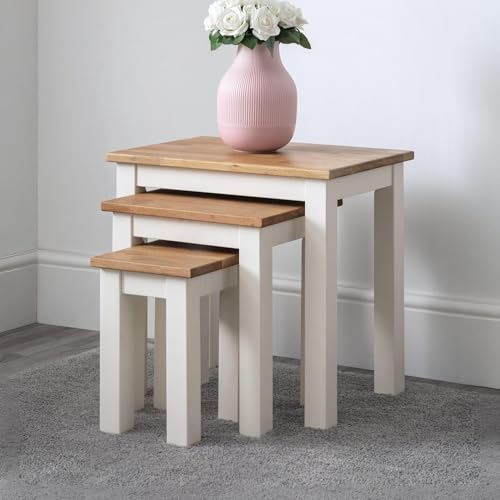 Julian Bowen Coxmoor Nest Of 3 Tables, White & Oak - Traditional Nesting Tables for Living Room, Solid Wood & Veneers, Space-Saving Nesting Design, 2 Tone Design