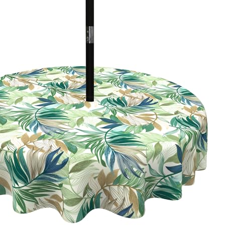 "LVTXIII Outdoor/Indoor Round Tablecloth, Patio Stain Resistant Table Covers with Umbrella Hole Picnic Table Cloth with Zipper for Patio Garden Buffet Table Decoration, 60"", Lush Leaf Green"