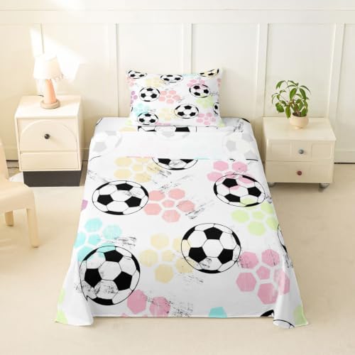 Full Sheet Set Kids Football Bed Sheet Set for Boys Girls Bedroom Soft Microfiber Soccer Ball Sports Theme Decor Bed Sheets 3D America Football Games Bedding Set with Deep Pocket Fitted Sheet