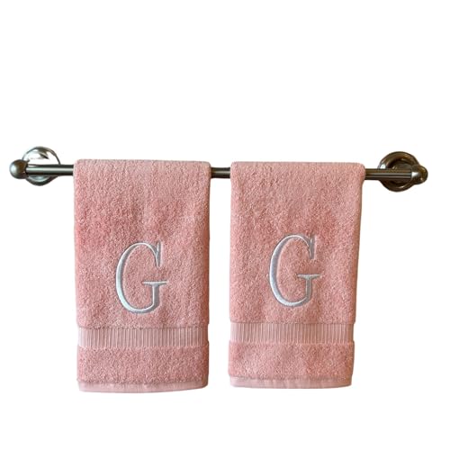 Pink with White Monogrammed Hand Towels for Bathroom - Set of 2 Letter G - Luxury Hotel Quality Initial Towels For Powder Room, Spa, GOTS Organic Certified