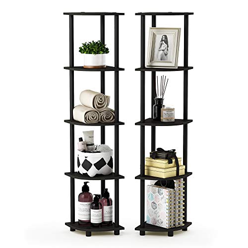 Furinno TURN-N-TUBE Corner Shelf Set of 2, 5-Tier Corner Bookshelf, Open Storage Shelves, for Organization and Storage, Living Room, Home Office, Garage, Espresso