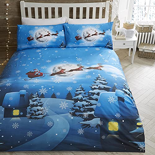 Bedlam Glow in the Dark Christmas Duvet Cover – Double Size 200x200cm – Santa Sleigh & Snow Scene – 2 Pillowcases – Festive Bedding Set for Kids & Adults – Xmas Decorations for Bedroom