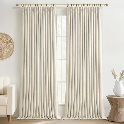 Blackout Thick Linen Double Layer Floor Length Curtains 105 Inches Long for Kids Room, Memory Trained Pinch Pleated Insulated Noise Blocking Ivory Modern Window Curtain & Drapes Panels of 2 Viral Burg