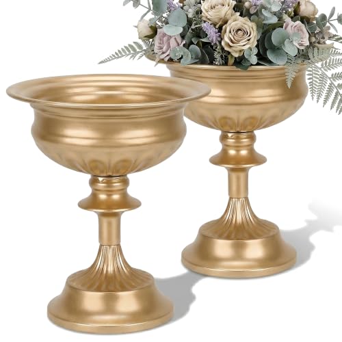 "WORTH Small Urn Vases for Centerpieces Set of 2, Classic Metal Trumpet Flower Pots for Table, Bowl Vase for Wedding Party Event Home Deco (Golden, 7.8"" Dia x 8.8"" H), Smooth, Non-Aged Finish"