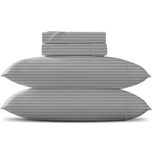 Pure Egyptian California King Stripe Sheet Set (Cal King, 600 Fadenzahl) Silber Bettlaken & Kissenbez??ge (4-teilig),Cal King Size Bettlaken,Satin Weave Sheets,45.7 cm Cal King Deep Pocket Bl??tter