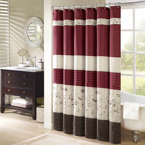 "Madison Park Serene Flora Fabric Shower Curtain, mbroidered Transitional Shower Curtains for Bathroom, 72"" x 72"", Red"