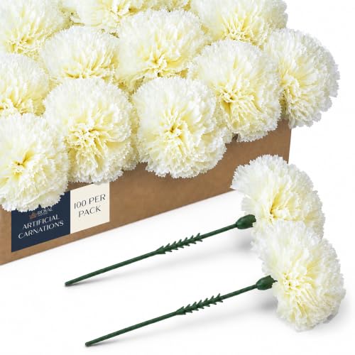 "Royal Imports 100 Ivory Silk Carnations, Artificial Fake Flower For Bouquets, Weddings, Cemetery, Crafts & Wreaths, 5"" Stem Pick (Bulk)"