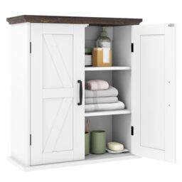 RELAX4LIFE Double Door Wall Mounted Bathroom Cabinet, Over The Toilet Storage with 2 Doors and Adjustable Shelves, Wooden Bathroom Cupboard for Living Room (without Open Compartment, White)