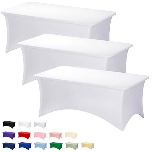 Fixwal 3 Pack White Table Cloths Rectangle 6FT, Tablecloths Rectangular Stretch Spandex Fitted Table Covers 6 ft for Parties, Trade Shows, Banquet, Weddings, Buffet, Graduation Decorations