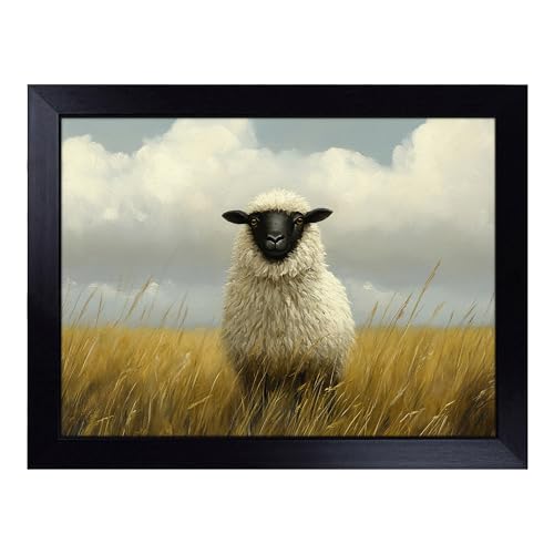 Lap Tray with Bean Bag Cushion, Sheep Artwork - Handmade in the UK, Raised Wooden Edge, Padded Cushion, Heat-Resistant Wipe-Clean Surface, for Meals, Laptops and Crafts