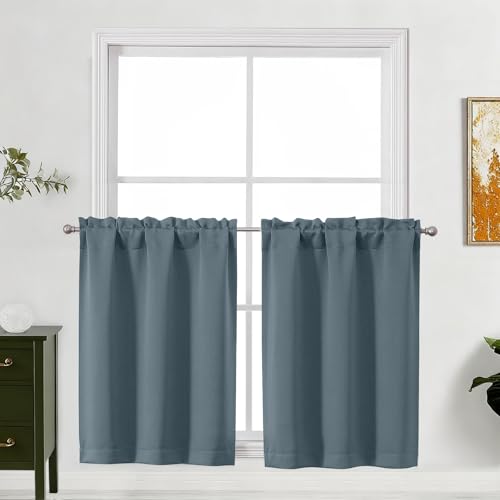 "Lecloud Stone Blue Kitchen Curtains 30 Inch Length 2 Pcs, Privacy Modern Short Room Darkening Curtain, Thermal Insulated Drapes Rod Pockets for Cafe Laundry Room Bedroom, Each Panel 30"" W x 30"" L"