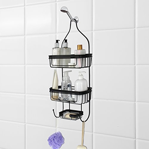 Splash Home Head Rustproof Stainless Steel Hanging Caddy, Bathroom Organizer Shower Storage with Shampoo, Conditioner, Soaps Holder 24 x 15 x 12 Inches, Aluminum, Black