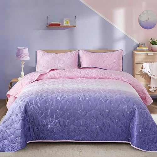 Xruibed Pink Purple Quilt Set Queen - Kids Bedding Set 3PCs Reversible Lightweight Microfiber Coverlet Sets for All Season (96''x90'')