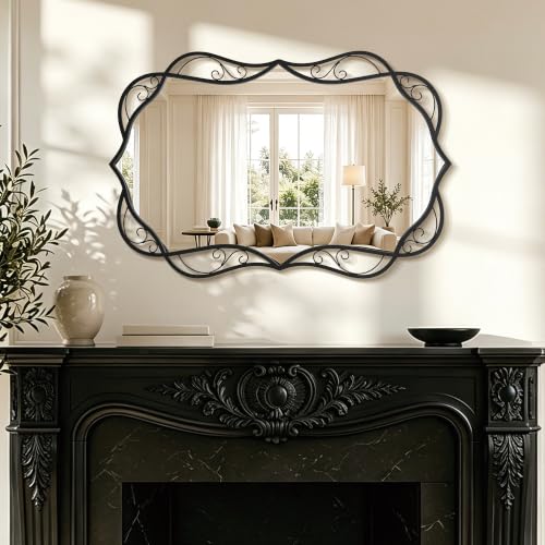 "Besdomus Black Bathroom Wall Mirror: 24""x36"" Vanity Mirrors for Over Sink - Modern Wavy Scalloped Framed Wall-Mounted Decorative Hanging Mirrors for Fireplace/Entryway Cabinet/Dresser/Living Room"